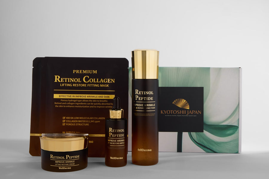 Korean Anti-Aging Firming Set with retinol toner, cream, ampoule and sheet masks